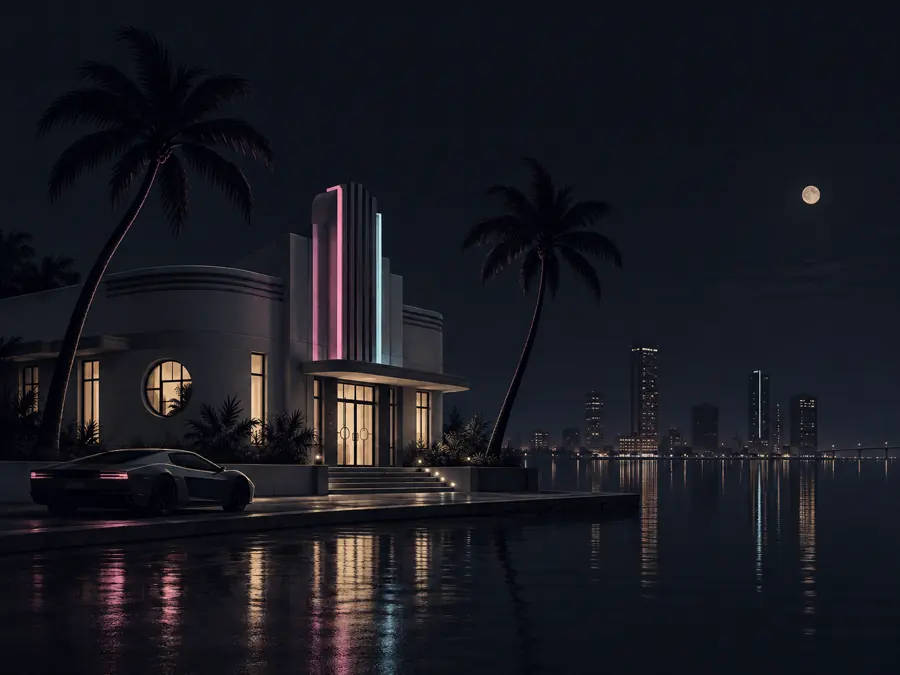 Late-night Miami illustration: an Art Deco venue, palms and an exotic car beside the water